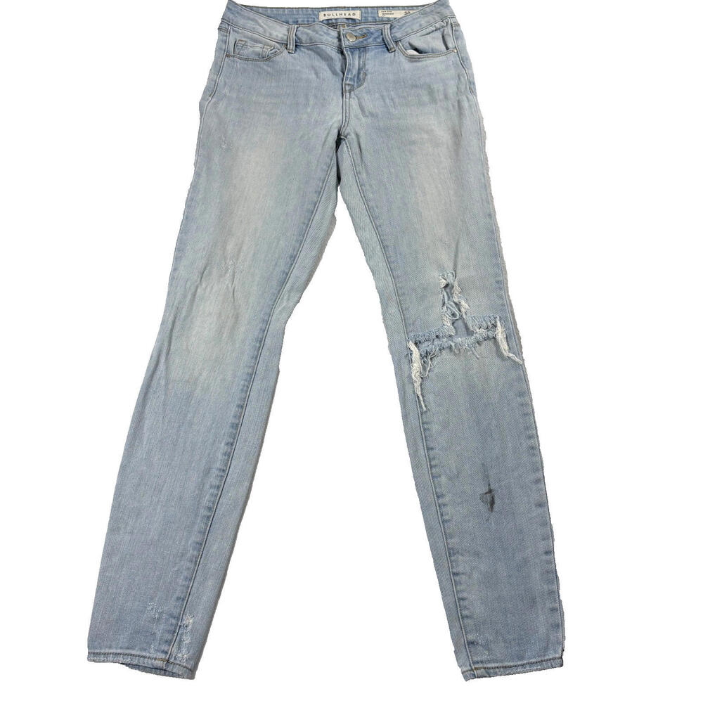 Bullhead Jeans Womens 25 Low Rise Skinny Distressed Light Blue Denim Stretch Fit